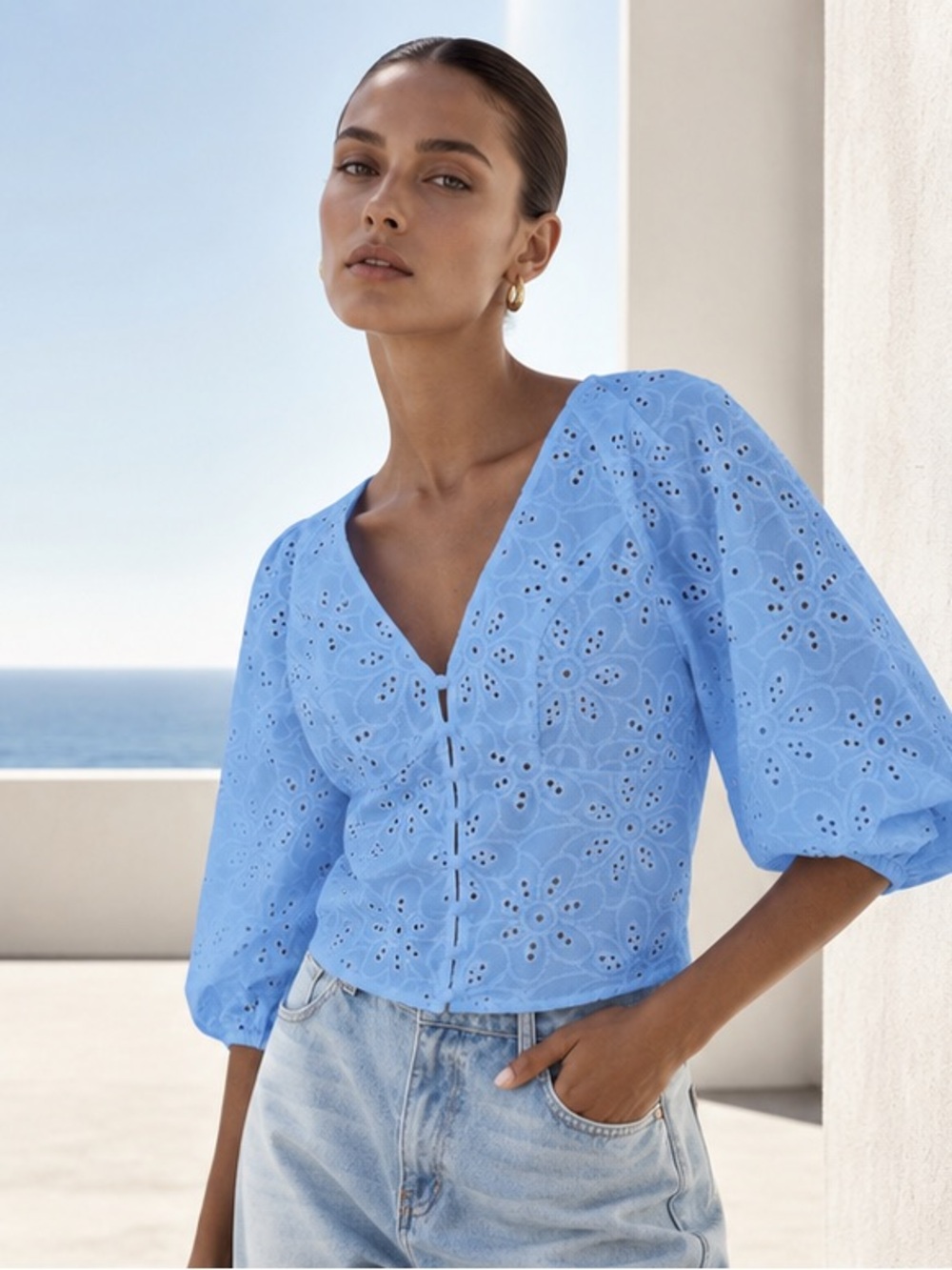 V-Neck Eyelet Button-Front Top in Sky Blue